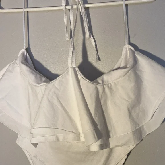 White Ruffle Off-Shoulder Bodysuit - Picture 7 of 9